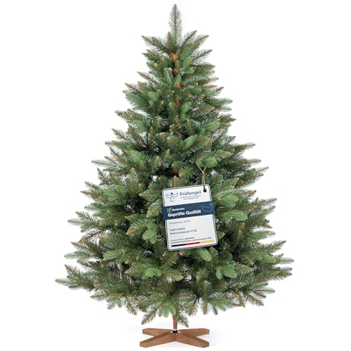 FAIRYTREES Weihnachtsbaum künstlich, Nordmanntanne Premium 150 cm, Naturgetreue Spritzguss Elemente, Made in EU, Künstlicher Weihnachtsbaum mit handgefertigtem Ständer aus Eschenholz von FairyTrees