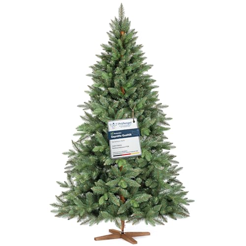 FAIRYTREES Weihnachtsbaum künstlich, Nordmanntanne Premium 180 cm, Naturgetreue Spritzguss Elemente, Made in EU, Künstlicher Weihnachtsbaum mit handgefertigtem Ständer aus Eschenholz von FairyTrees
