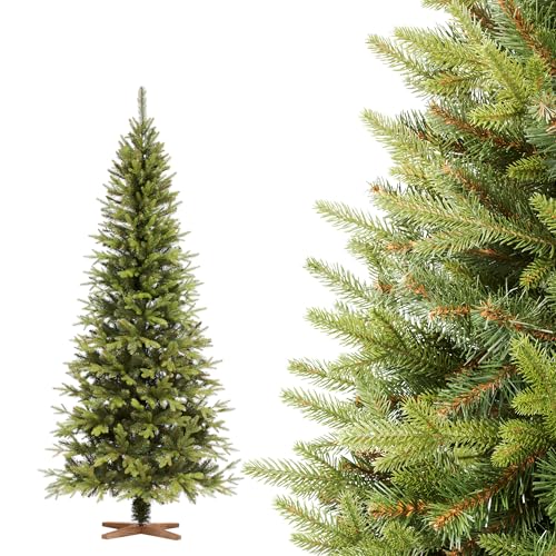 FAIRYTREES Weihnachtsbaum künstlich 150cm Nordmanntanne Bleistift Premium | Tannenbaum Holzständer | Made in EU | Christbaum künstlich mit Naturgetreue Spritzguss Elemente von FairyTrees