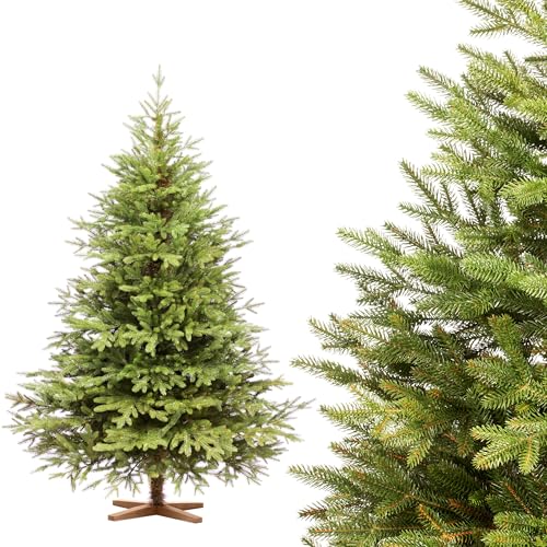 FAIRYTREES Weihnachtsbaum künstlich 180cm Nordmanntanne Exklusiv 100% PE | Tannenbaum Holzständer | Made in EU | Christbaum künstlich mit Naturgetreue Spritzguss Elemente von FairyTrees