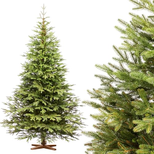 FAIRYTREES Weihnachtsbaum künstlich 220cm Nordmanntanne Exklusiv 100% PE| Tannenbaum Holzständer | Made in EU | Christbaum künstlich mit Naturgetreue Spritzguss Elemente von FairyTrees