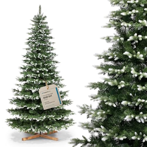 FairyTrees Weihnachtsbaum künstlich 220cm NORDMANNTANNE Edel Weiß mit Christbaum Holzständer | Tannenbaum künstlich mit Naturgetreue Spritzguss Elemente | Made in EU von FairyTrees