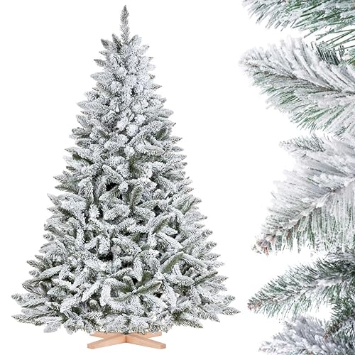 FairyTrees Weihnachtsbaum künstlich 180cm FICHTE mit Christbaum Holzständer | Tannenbaum künstlich mit Natur-Weiss Schneeflocken | Made in EU von FairyTrees