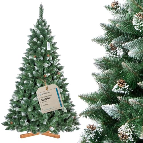 FairyTrees Weihnachtsbaum künstlich 220cm Kiefer mit Christbaum Holzständer | Tannenbaum künstlich mit Natur-Weiss beschneit | Made in EU von FairyTrees