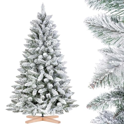 FairyTrees Weihnachtsbaum künstlich 150cm FICHTE mit Christbaum Holzständer | Tannenbaum künstlich mit Natur-Weiss Schneeflocken | Made in EU von FairyTrees