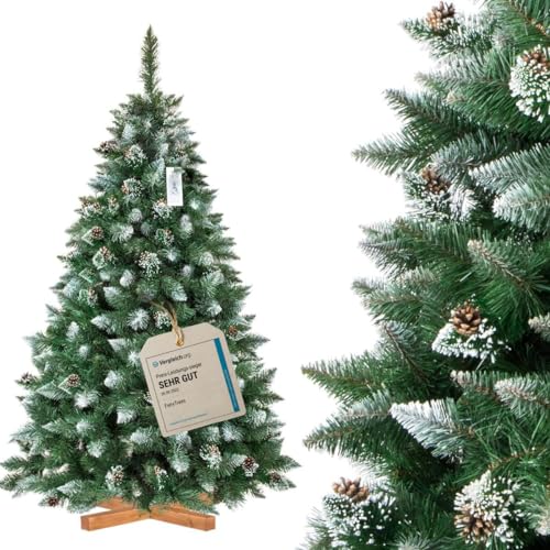 FairyTrees Weihnachtsbaum künstlich 180cm Kiefer mit Christbaum Holzständer | Tannenbaum künstlich mit Natur-Weiss beschneit | Made in EU von FairyTrees