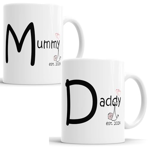 Faithful Prints Mummy and Daddy 2023 Tassen-Set, personalisiert für neue Eltern, Mama und Papa, Mutter, Vater, weiß, 313 ml von Faithful Prints