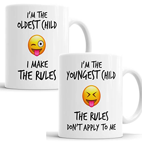 Lustiges Emoji-Kaffeetasse, Teetasse mit Aufschrift "Youngest Oldest Child Sister Brother Rules" von Faithful Prints