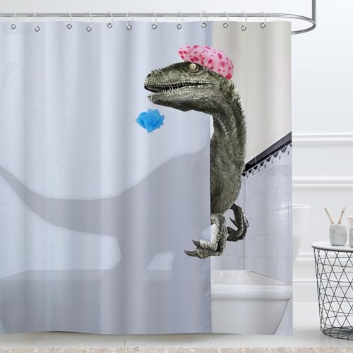 Faitove Lustiger Duschvorhang mit Dinosaurier-Motiv, interessanter Tier-Cartoon-Raptor-Tuch, Badezimmervorhang, Polyester, wasserdicht, Dekor mit Haken, 180,3 cm (B) x 180,3 cm (H) von Faitove