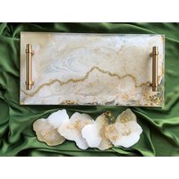 Weissgold Resin Tablett|Verkauft|Großes Tablett| Eleganter Tisch Dekor|Weißes Gold Bild|Edelstein Dekoration|Luxus Tischdekoration|Luxus von FaizaStudioArt