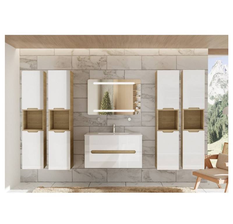 Faizee Home Badmöbel-Set Aliyah 90cm LED-Spiegel sonoma/weiss hochglanz von Faizee Home