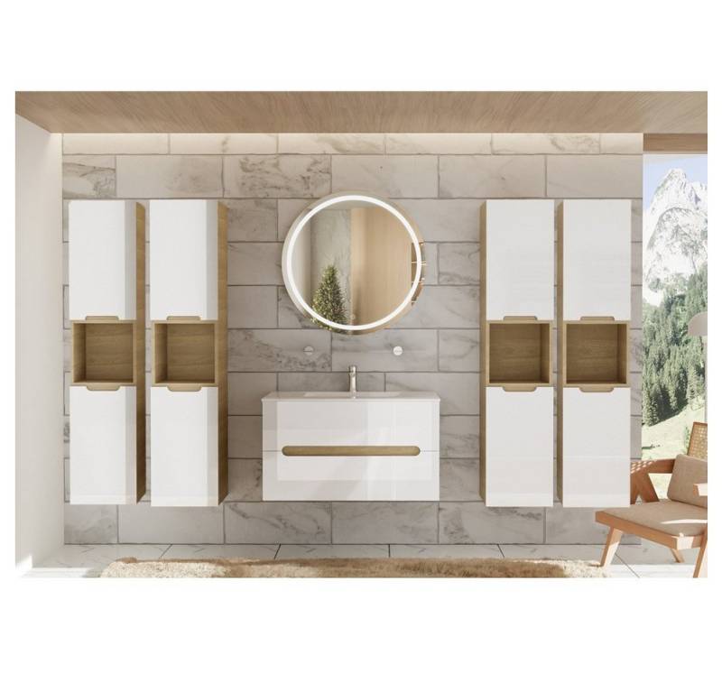 Faizee Home Badmöbel-Set Aliyah 90cm LED-Spiegel sonoma/weiss hochglanz von Faizee Home