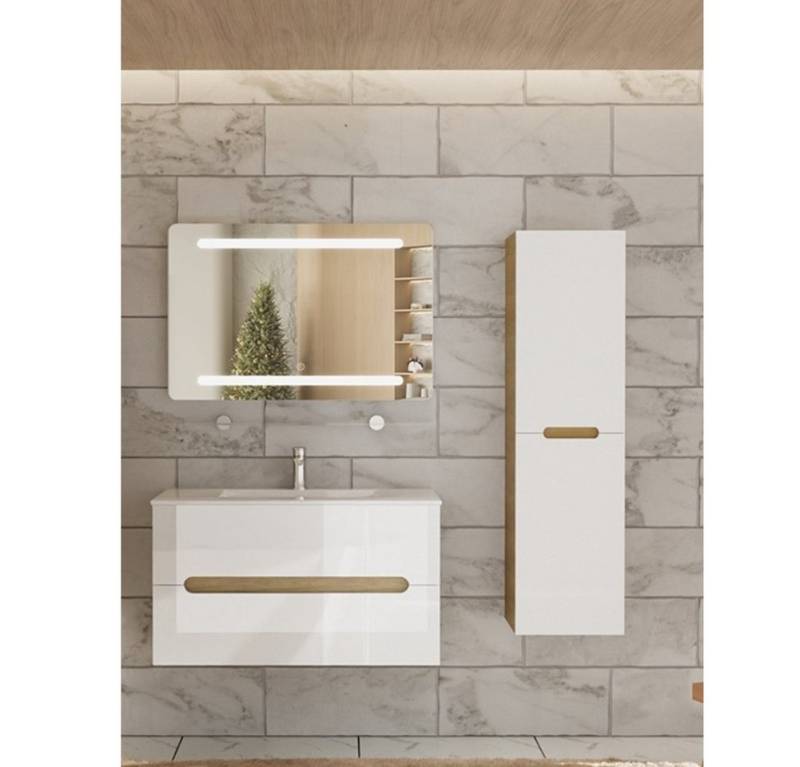 Faizee Home Badmöbel-Set Aliyah 90cm LED-Spiegel sonoma/weiss hochglanz von Faizee Home