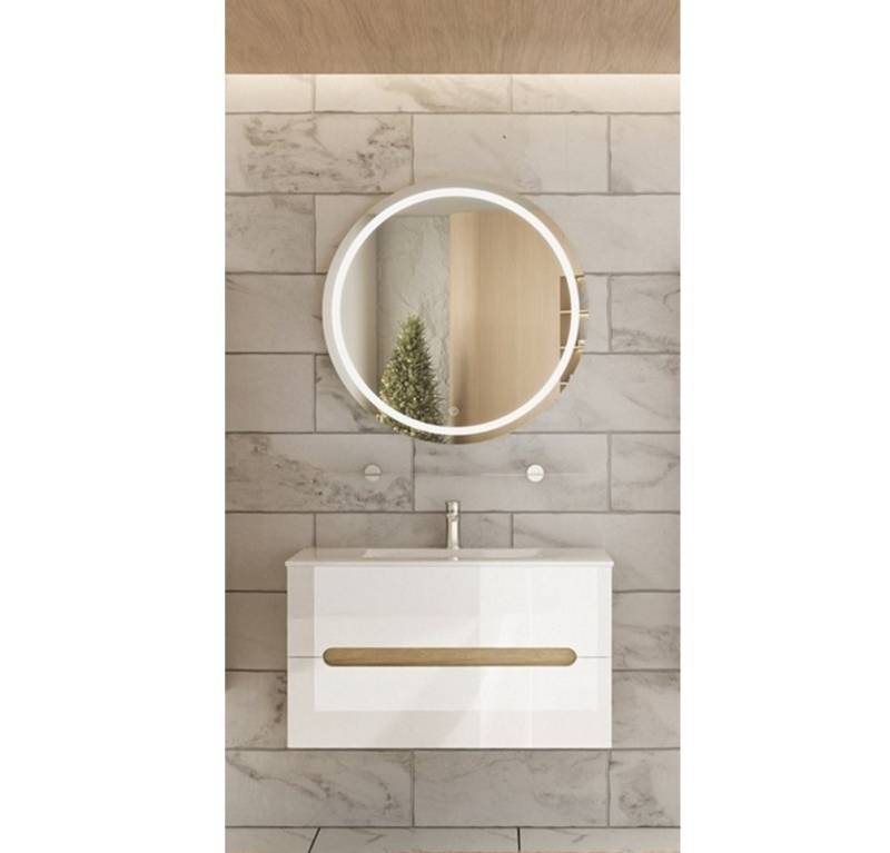 Faizee Home Badmöbel-Set Aliyah 90cm LED-Spiegel sonoma/weiss hochglanz von Faizee Home