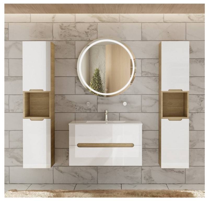 Faizee Home Badmöbel-Set Aliyah 90cm LED-Spiegel sonoma/weiss hochglanz von Faizee Home
