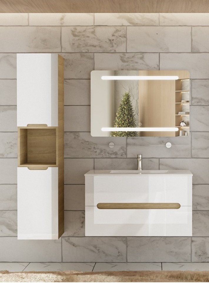 Faizee Home Badmöbel-Set Aliyah 90cm LED-Spiegel sonoma/weiss hochglanz von Faizee Home