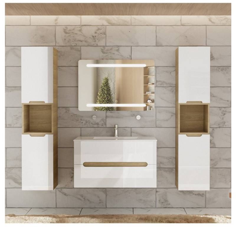 Faizee Home Badmöbel-Set Aliyah 90cm LED-Spiegel sonoma/weiss hochglanz Faizee Home Badmöbel-Set Aliyah 90cm LED-Spiegel sonoma/weiss hochglanz von Faizee Home