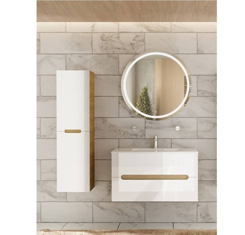 Faizee Home Badmöbel-Set Aliyah 90cm LED-Spiegel sonoma/weiss hochglanz von Faizee Home