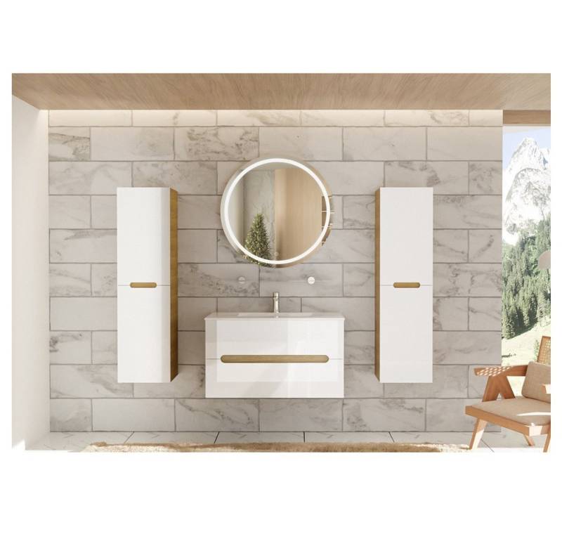 Faizee Home Badmöbel-Set Aliyah 90cm LED-Spiegel sonoma/weiss hochglanz von Faizee Home
