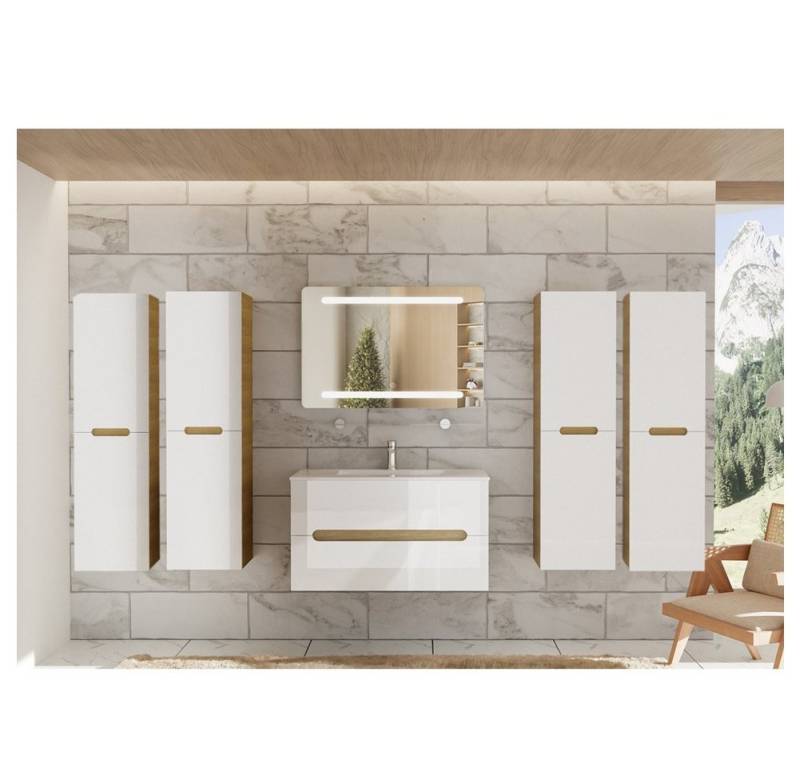 Faizee Home Badmöbel-Set Aliyah 90cm LED-Spiegel sonoma/weiss hochglanz von Faizee Home