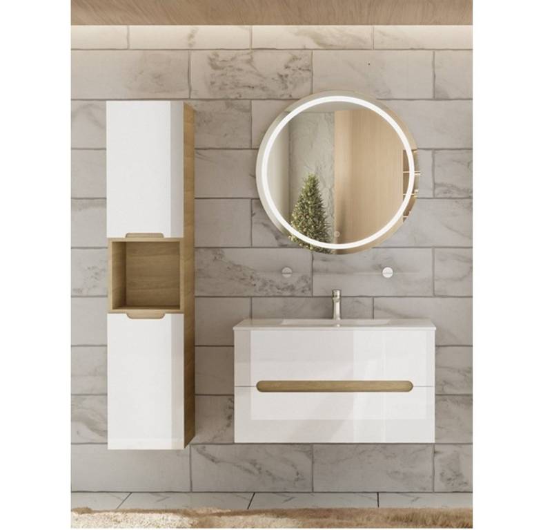 Faizee Home Badmöbel-Set Aliyah 90cm LED-Spiegel sonoma/weiss hochglanz von Faizee Home