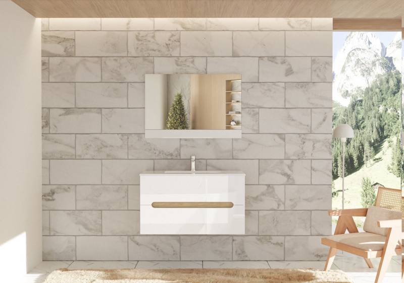 Faizee Home Badmöbel-Set Aliyah 90cm LED-Spiegel sonoma/weiss hochglanz Faizee Home Badmöbel-Set Aliyah 90cm LED-Spiegel sonoma/weiss hochglanz von Faizee Home