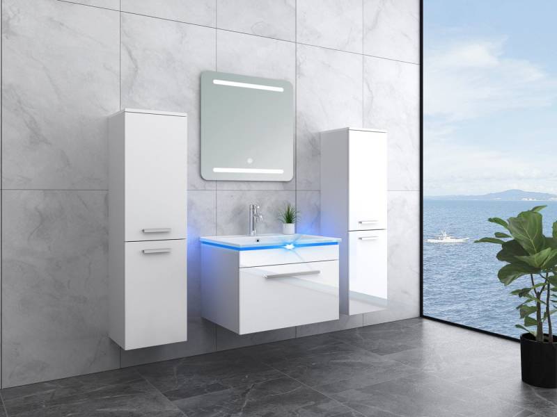Faizee Home Badmöbel-Set Moderne Badmöbel in Hochglanz Weiß – LED-Spiegel & Soft-Close Set von Faizee Home
