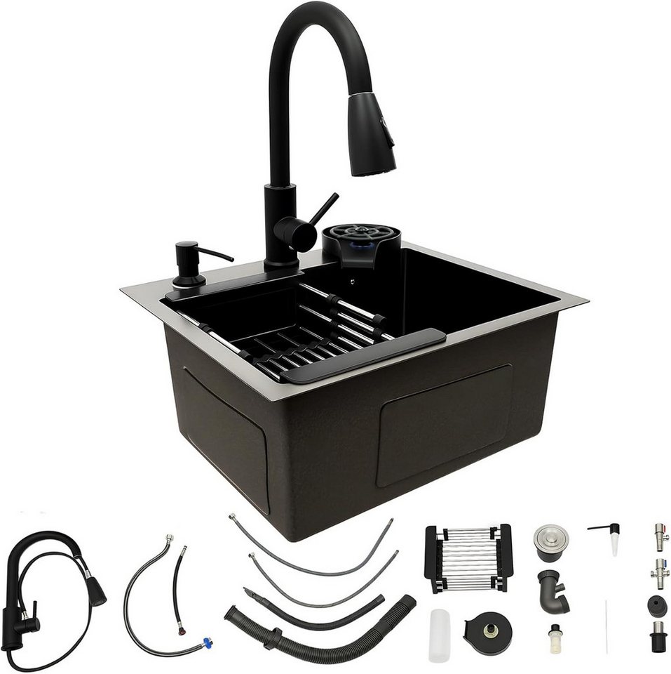 Faizee Home Edelstahlspüle Faizee Home Hydro Schwarz Küchenspüle mit flexiblem Ausziehhahn von Faizee Home