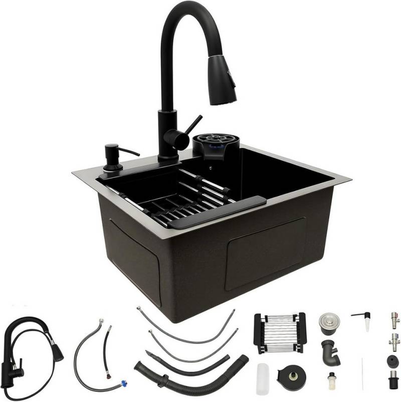 Faizee Home Edelstahlspüle Faizee Home Hydro Schwarz Küchenspüle mit flexiblem Ausziehhahn von Faizee Home
