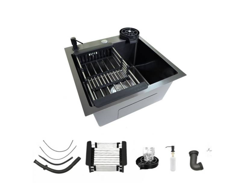 Faizee Home Edelstahlspüle Faizee Home Hydro Schwarz Küchenspüle mit flexiblem Ausziehhahn von Faizee Home