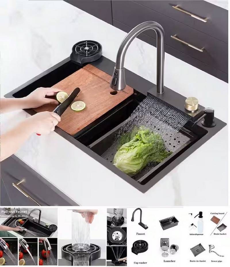 Faizee Home Edelstahlspüle Neom Edelstahlspüle mit Wasserfall, Schalldämmung, 4-fach Armatur von Faizee Home