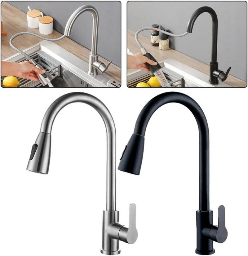 Faizee Home Küchenarmatur Wave Schwarz & Chrom – Armatur mit Ausziehbrause, 360° Drehbereich von Faizee Home