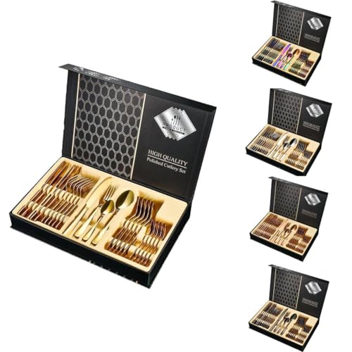 Besteck Set Edelstahl für 6 Personen 24-teiliges Besteckset hochglanzpoliert Spülmaschinenfest Gift Box (Gold) von Faizee Möbel