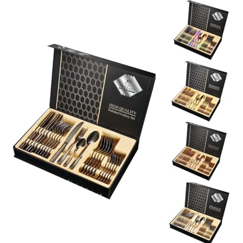 Besteck Set Edelstahl für 6 Personen 24-teiliges Besteckset hochglanzpoliert Spülmaschinenfest Gift Box (Schwarz) von Faizee Möbel