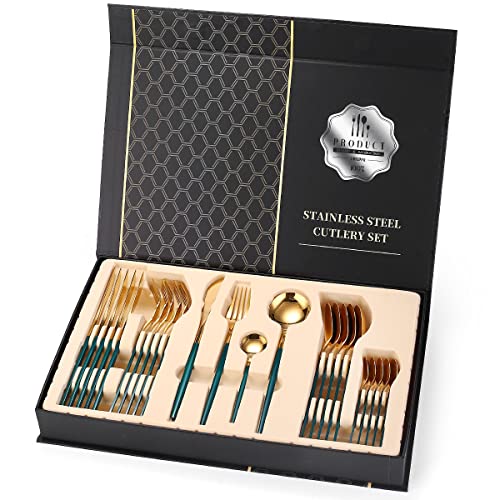 Besteck Set Edelstahl für 6 Personen 24-teiliges Besteckset hochglanzpoliert Spülmaschinenfest Luxury Box (Grün Gold) von Faizee Möbel