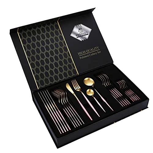 Besteck Set Edelstahl für 6 Personen 24-teiliges Besteckset hochglanzpoliert Spülmaschinenfest Luxury Box (Roségold) von Faizee Möbel