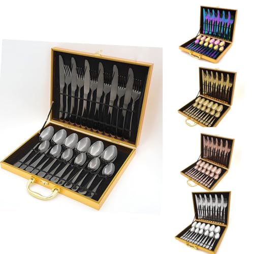 [Besteckset 24 tlg. [Wooden Box] Edelstahlbesteck für. 6 Personen Cutlery Set (Schwarz) von Faizee Möbel