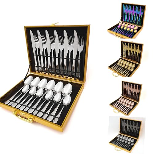 [Besteckset 24 tlg. [Wooden Box] in verschiedenen Farben] Edelstahlbesteck für. 6 Personen Cutlery Set (Silber) von Faizee Möbel