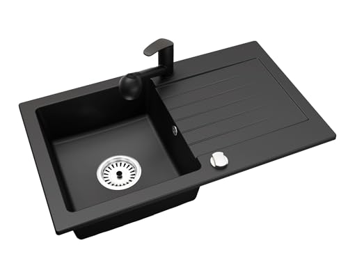 Faizee Granitspüle 75 x 44 cm Nachtschwarz – inklusive Armatur Daga in Schwarz – eckige Einbauspüle aus Granit – beidseitig montierbar, kratzfest, hitzebeständig – modernes Spülbecken von Faizee Möbel
