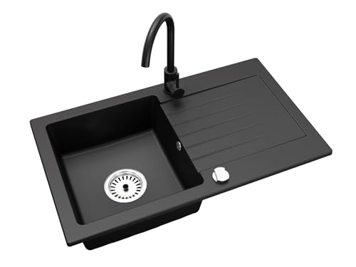 Faizee Granitspüle 75 x 44 cm Nachtschwarz – inklusive Armatur Genial in Schwarz – eckige Einbauspüle aus Granit – beidseitig montierbar, kratzfest, hitzebeständig – modernes Spülbecken von Faizee Möbel