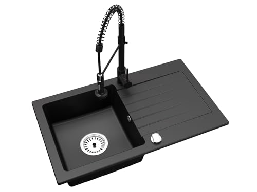 Faizee Granitspüle 75 x 44 cm Nachtschwarz – inklusive Armatur Spiral in Schwarz – eckige Einbauspüle aus Granit – beidseitig montierbar, kratzfest, hitzebeständig – modernes Spülbecken von Faizee Möbel