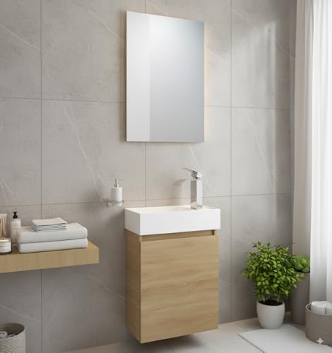 Faizee Home Badmöbel Set Eiche – Waschbeckenunterschrank mit Keramik Waschbecken, Spiegel & Armatur – Kompakter Badezimmerschrank Badschrank für Gäste WC & kleine Bäder von Faizee Möbel