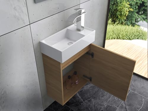 Faizee Home Badmöbel Set Eiche – Waschbeckenunterschrank mit Keramik Waschbecken & Armatur – Kompakter Badezimmerschrank Badschrank ohne Spiegel für Gäste WC & kleine Bäder von Faizee Möbel