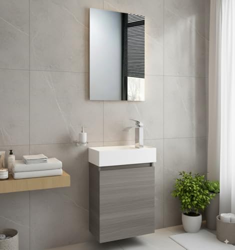 Faizee Home Badmöbel Set Grau – Waschbeckenunterschrank mit Keramik Waschbecken, Spiegel & Armatur – Kompakter Badezimmerschrank Badschrank für Gäste WC & kleine Bäder von Faizee Möbel