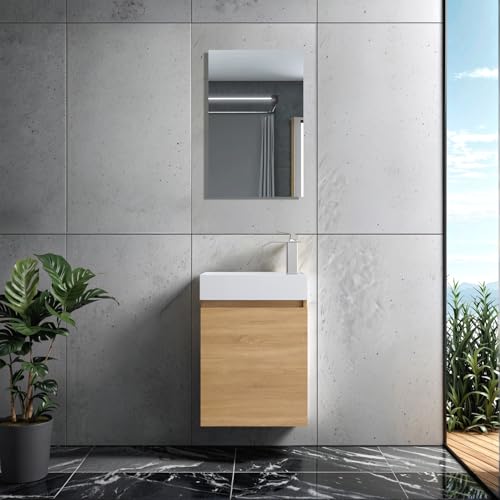Faizee Home | Badmöbel Set mit Spiegel in Eiche – Waschbecken & Hängeschrank | Stilvolle Badezimmermöbel | 43 cm Unterschrank & Wandspiegel (Eiche, Mit Armatur) von Faizee Möbel