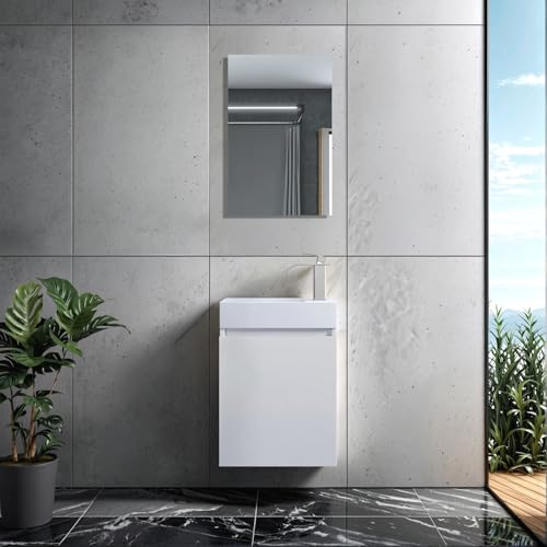 Faizee Home | Badmöbel Set mit Spiegel in Eiche – Waschbecken & Hängeschrank | Stilvolle Badezimmermöbel | 43 cm Unterschrank & Wandspiegel (Weiß, Mit Armatur) von Faizee Möbel