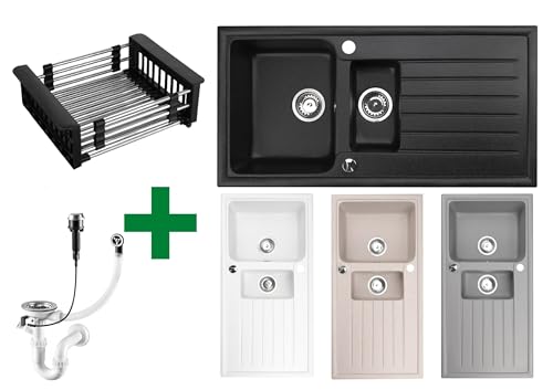 Faizee Home | Granitspüle 100x50 cm Beige – Beidseitig montierbar & kratzfest | Inkl. Spülkorb & Siphon-Set | Hochwertige Küchenspüle aus Granit für modernes Küchendesign von Faizee Möbel
