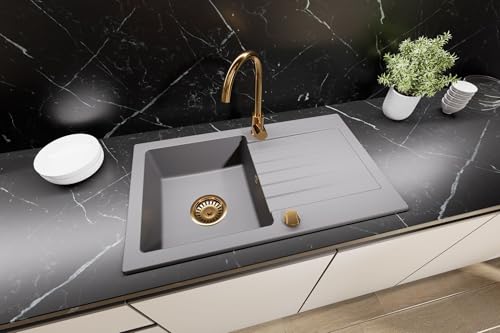 Faizee Home | Granitspüle 75×45 cm – Küchenspüle mit Abtropffläche | Granit Einbauspülbecken für Unterschränke ab 45 cm inkl. Siphon-Set & Armatur Genial Gold | Farbe Grau Faizee Home | Granitspüle 75×45 cm – Küchenspüle mit Abtropffläche | Granit Einbauspülbecken für Unterschränke ab 45 cm inkl. Siphon-Set & Armatur Genial Gold | Farbe Grau von Faizee Möbel