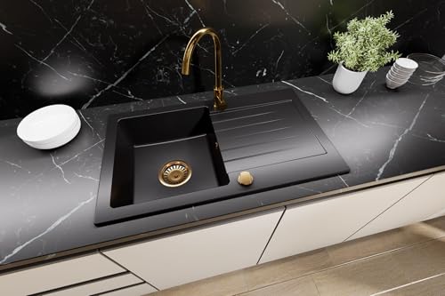 Faizee Home | Granitspüle 75×45 cm – Küchenspüle mit Abtropffläche | Granit Einbauspülbecken für Unterschränke ab 45 cm inkl. Siphon-Set & Armatur Genial Gold | Farbe Nachtschwarz Faizee Home | Granitspüle 75×45 cm – Küchenspüle mit Abtropffläche | Granit Einbauspülbecken für Unterschränke ab 45 cm inkl. Siphon-Set & Armatur Genial Gold | Farbe Nachtschwarz von Faizee Möbel