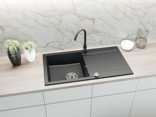 Faizee Home | Granitspüle 90x50 cm – Reversibles Spülbecken mit Abtropffläche inkl. Siphon & Drehexzenter | Kratzfest, hitzebeständig & für 45 cm Unterschränke (Genial, Schwarz Gesprenkelt) von Faizee Möbel